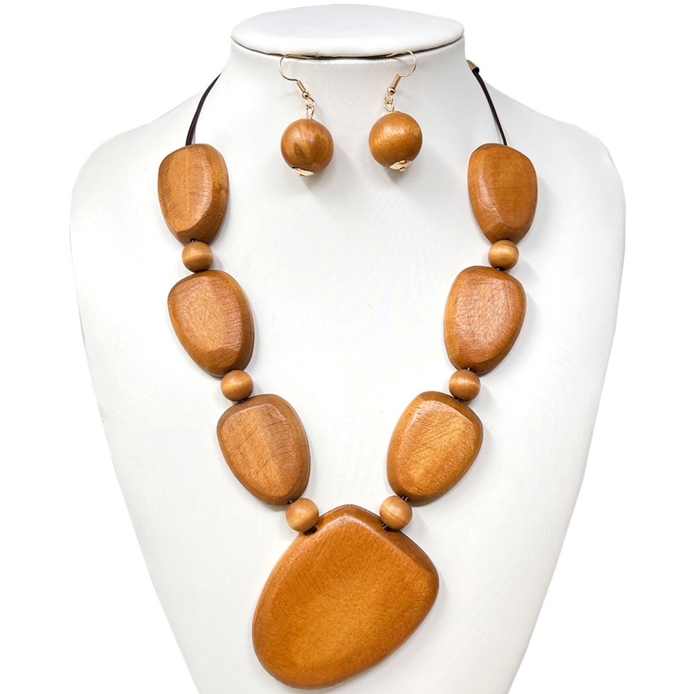 Brown Wood Geometric Abstract Statement Necklace Set